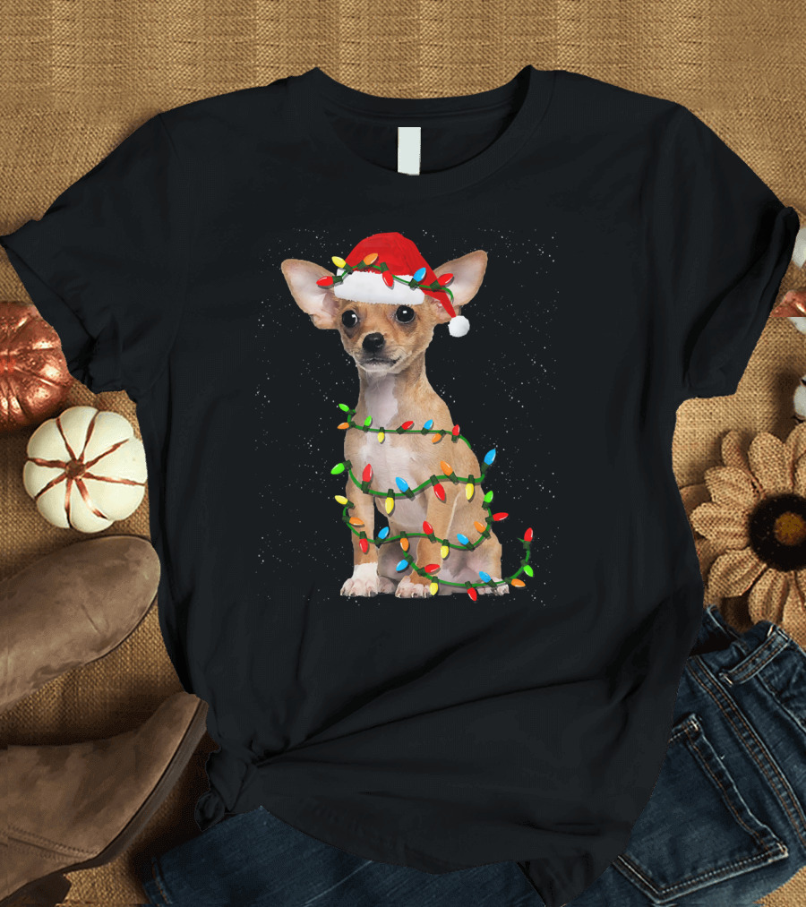 Chihuahua Christmas Dog with Santa Hat and Holiday Lights T-Shirt