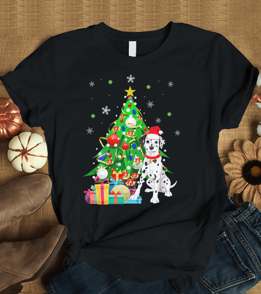 Cute Dalmatian Santa with Christmas Tree and Presents T-Shirt