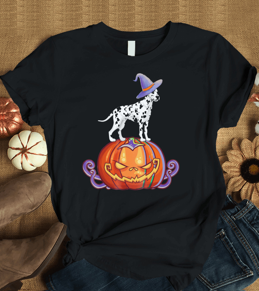 Dalmatian With Pumpkin Halloween Witch Hat Spooky T-Shirt