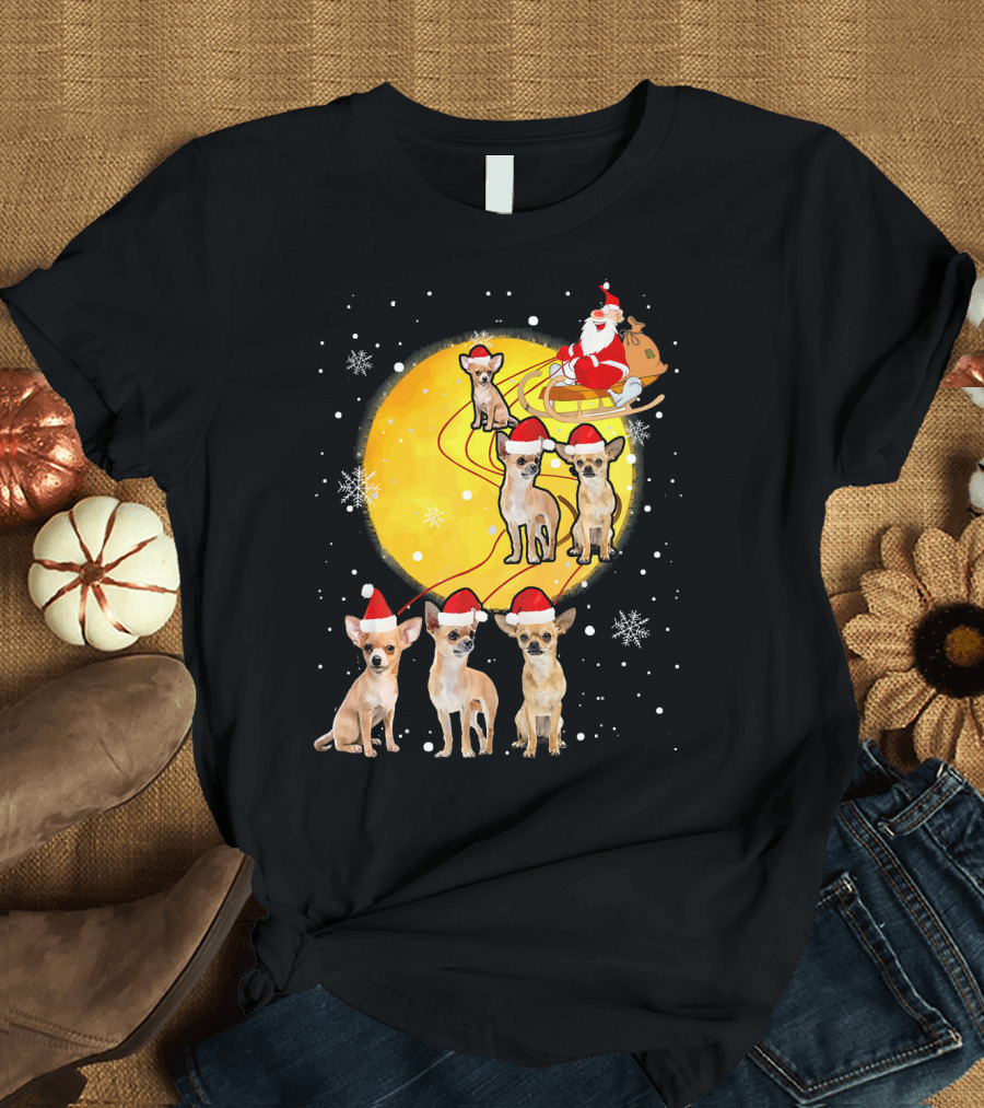Santa Sleigh Chihuahua Reindeer Christmas Funny Dog Snowflakes T-Shirt