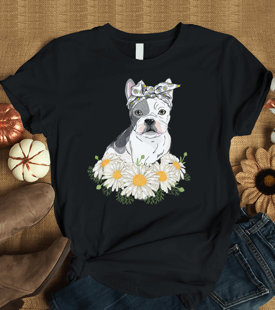 Cute French Bulldog with Daisy Flower and Headband T-Shirt