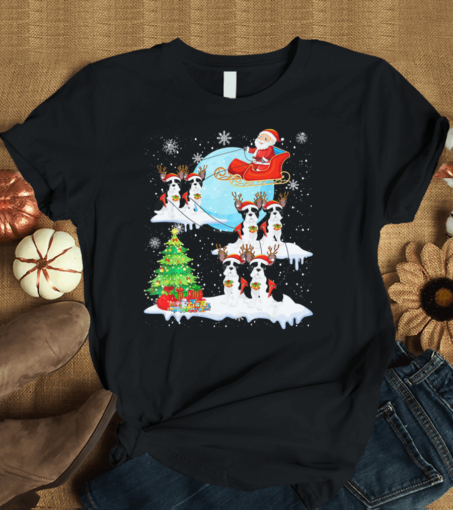 Santa Sleigh with French Bulldog Reindeer Christmas Scene T-Shirt
