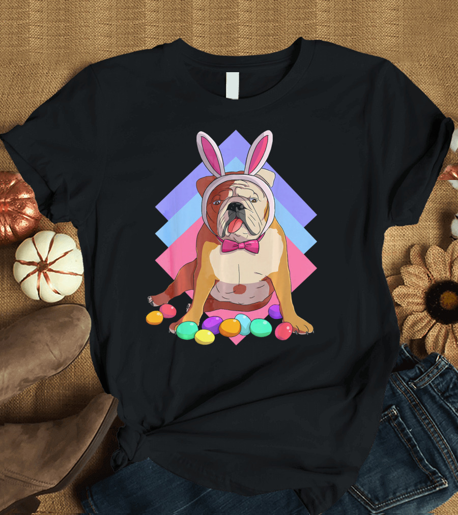 Easter Eggs English Bulldog in Bunny Ears with Colorful Background T-Shirt