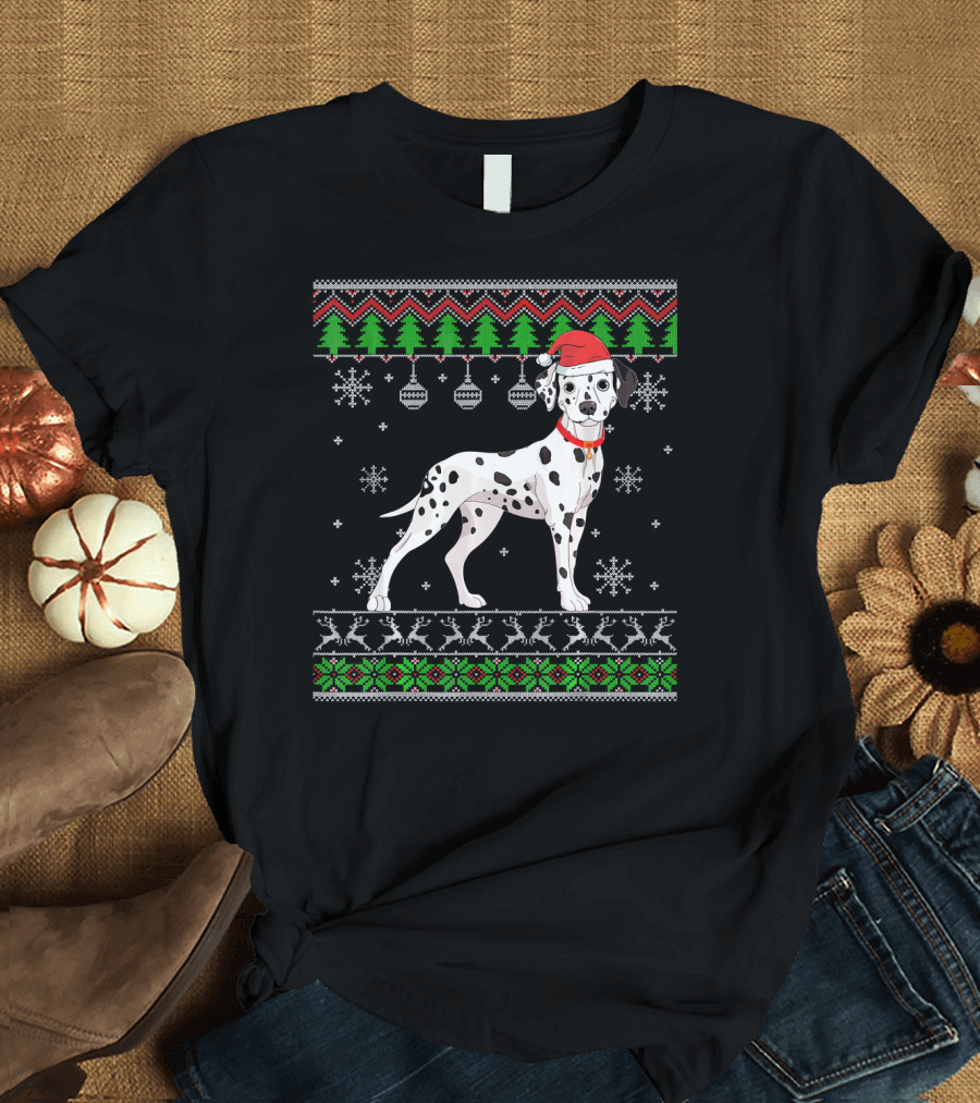 Dalmatian Santa Hat Christmas Snowflakes Trees Reindeer T-Shirt