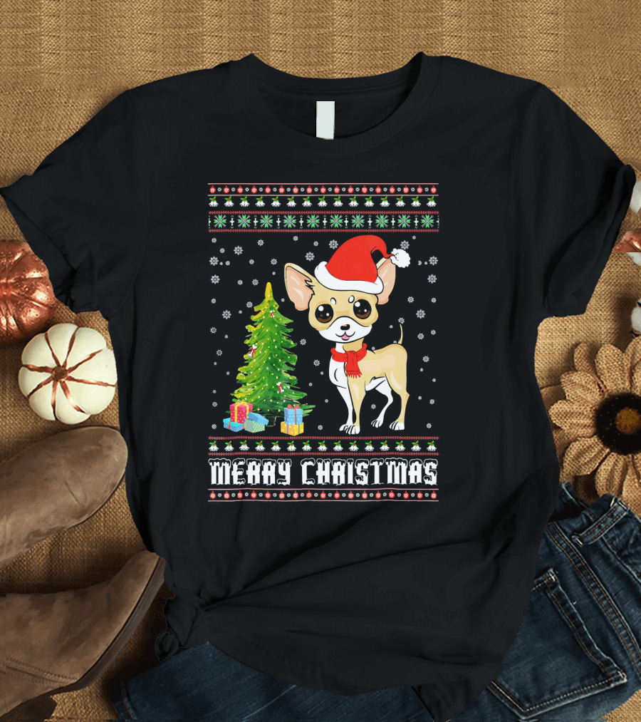 Merry Christmas Chihuahua with Santa Hat and Tree T-Shirt