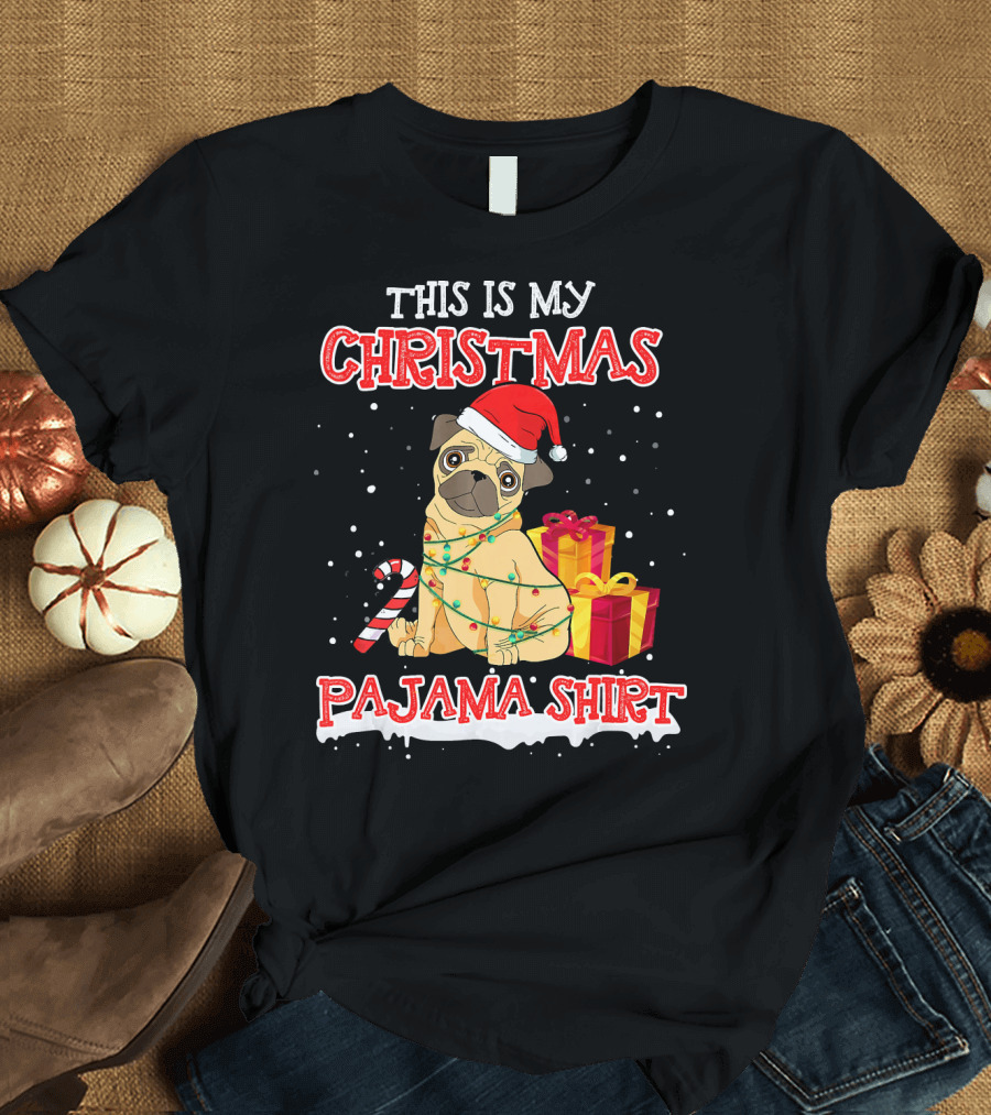 This Is My Christmas Pajama Shirt Cute Pug Wrapped In Lights With Candy Cane And Gifts T-Shirt