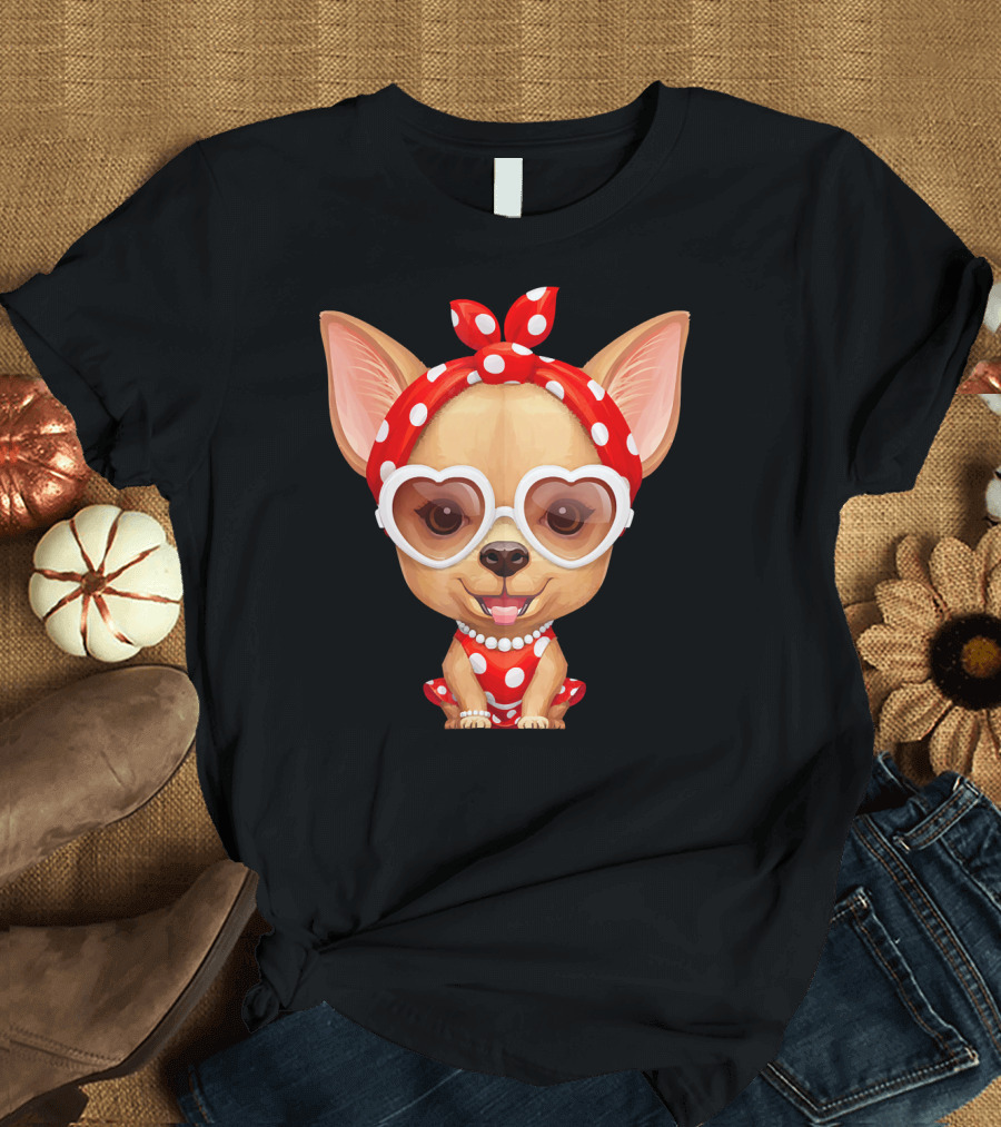 Chihuahua Retro Beauty Heart Glasses Polka Dot T-Shirt