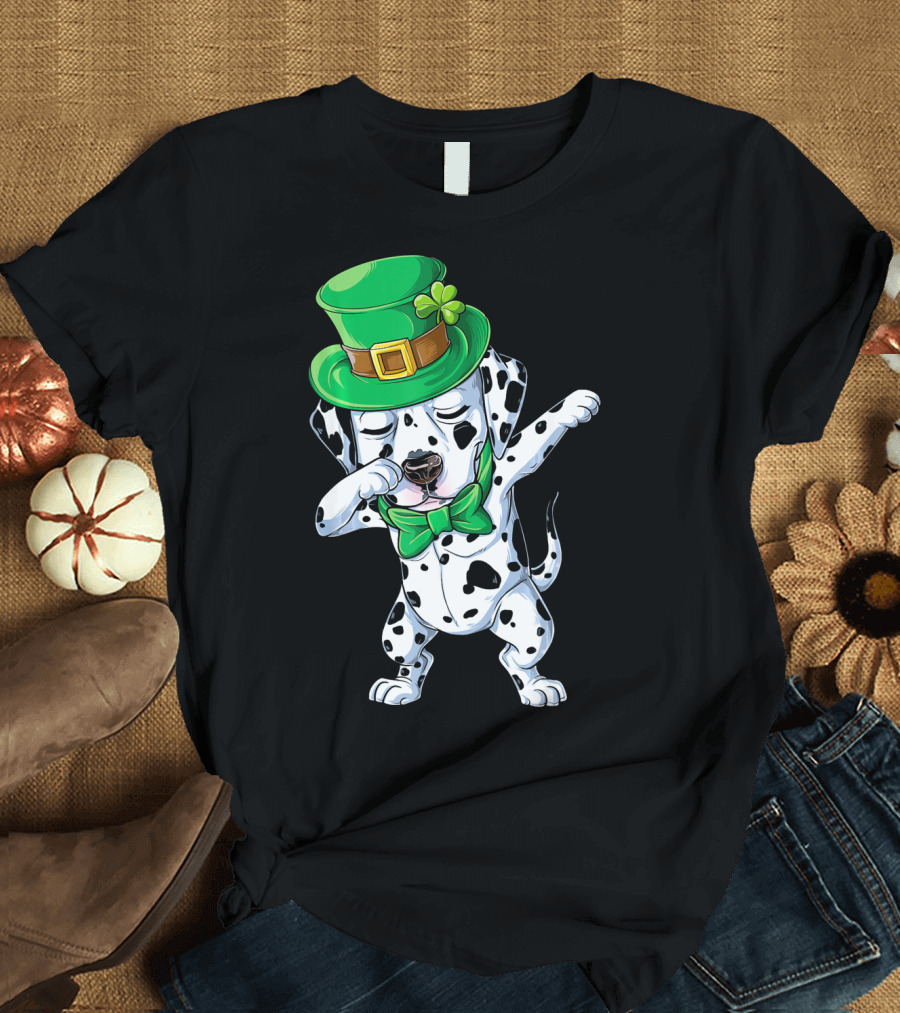 St. Patrick's Day Dabbing Dalmatian in Green Top Hat and Bow Tie T-Shirt