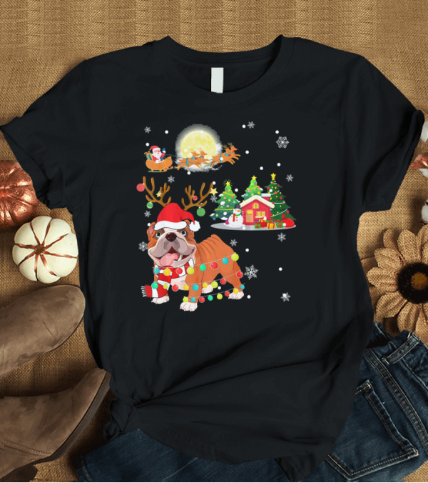 T-Shirt: Christmas French Bulldog Festive Lights and Santa Sleigh T-Shirt Christmas French Bulldog Festive Lights and Santa Sleigh T-Shirt