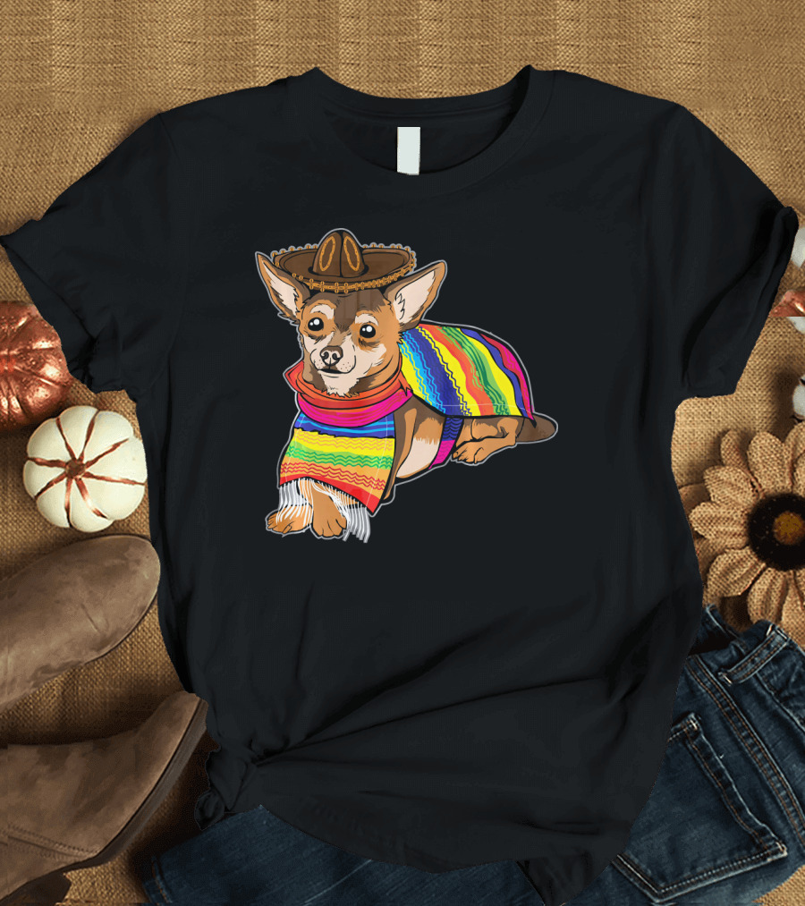 Cute Chihuahua Chiweenie in Sombrero with Mexican Poncho T-Shirt