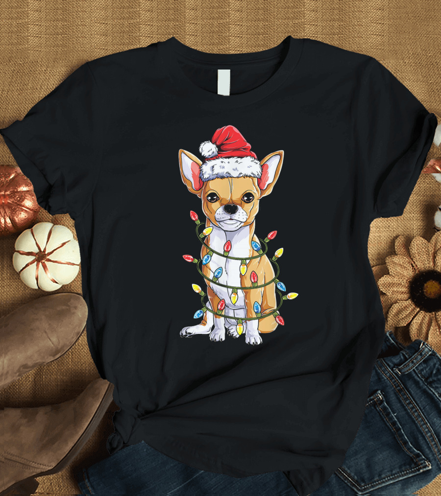 Chihuahua Santa with Christmas Lights Wrapped T-Shirt