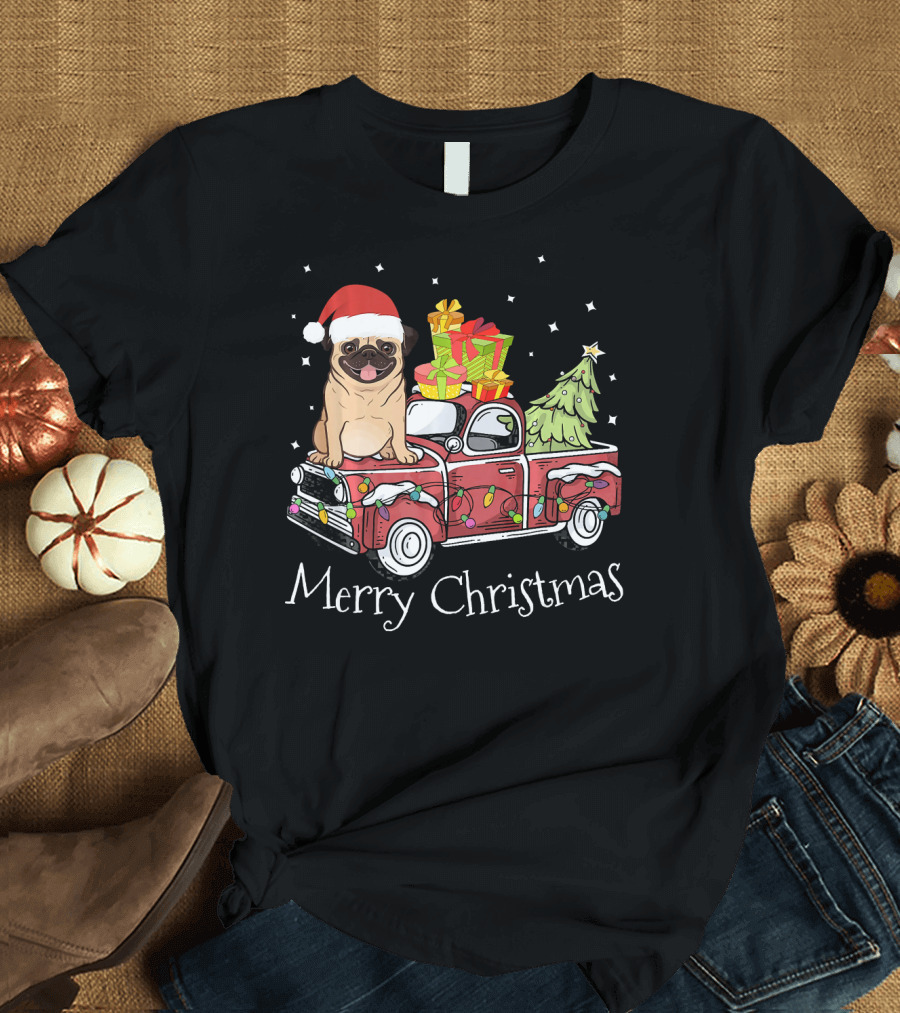 Merry Christmas Pug Dog on Pickup Truck with Gifts and Tree T-Shirt
