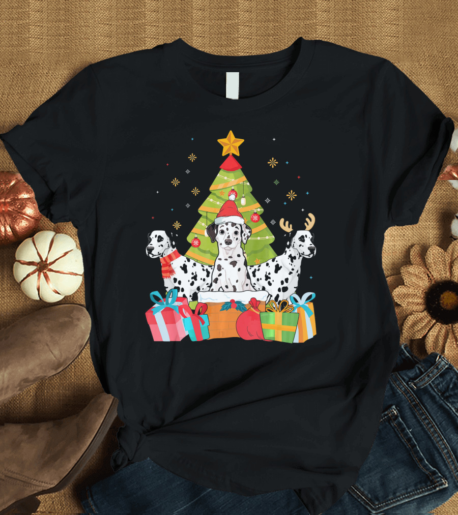 Christmas Dalmatian Trio with Gifts and Festive Tree T-Shirt