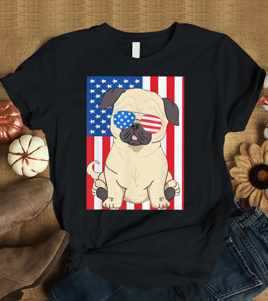 American Flag Pug with USA Sunglasses T-Shirt