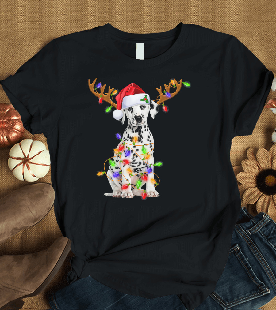 Dalmatian Puppy with Santa Hat and Reindeer Antlers Wrapped in Christmas Lights T-Shirt