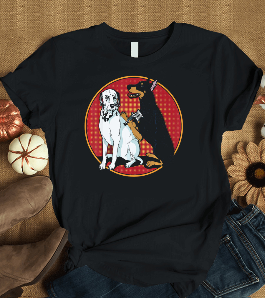 Cute Fashionable Doberman Tattooing Dalm with Red Circle Background T-Shirt