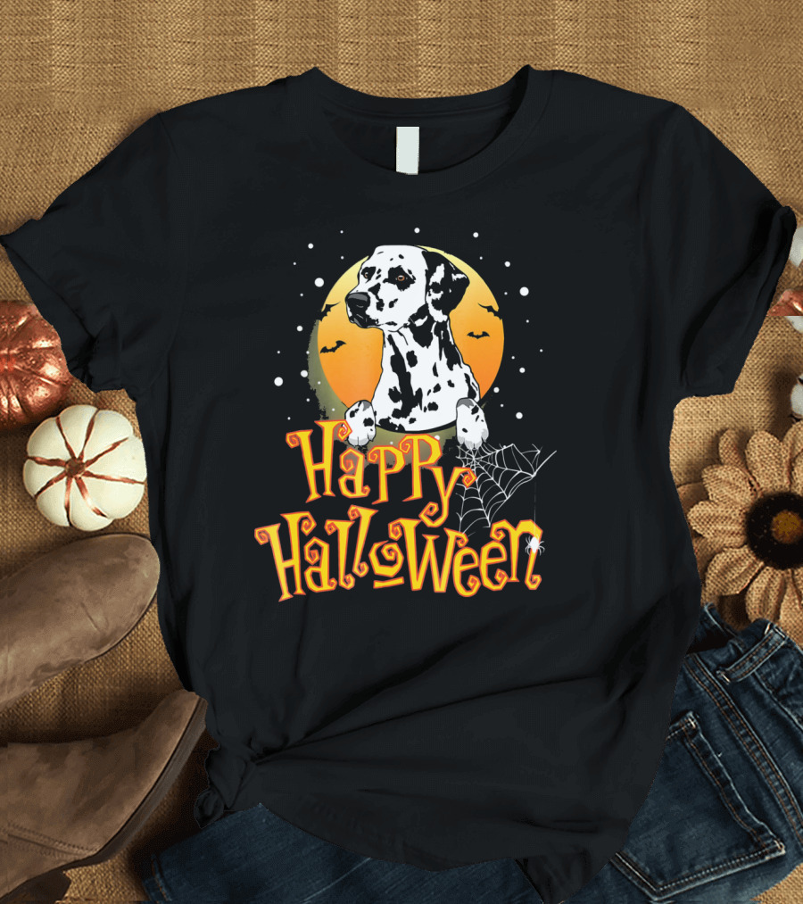 Dalmatian Happy Halloween Moon Spiderwebs T-Shirt