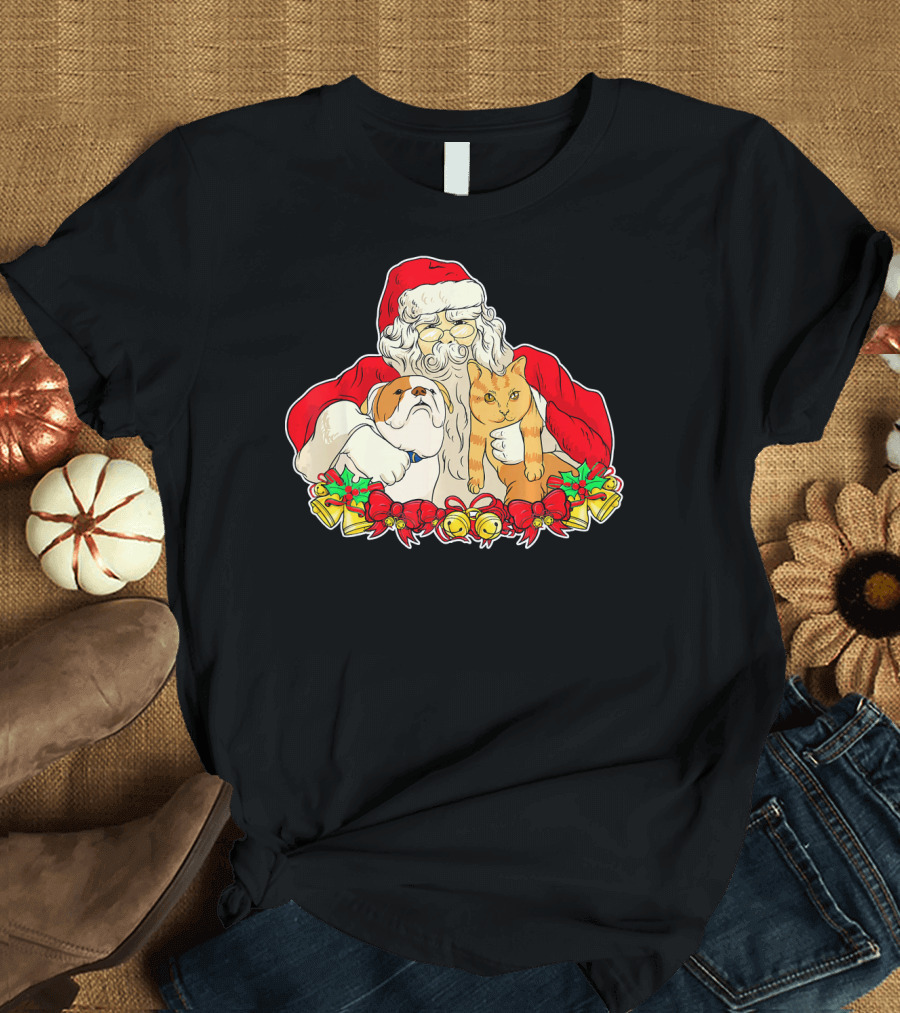 English Bulldog Cat Santa with Christmas Wreath T-Shirt