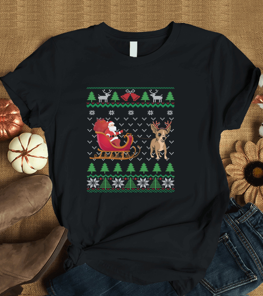 Chihuahua Pulling Santa Sleigh Christmas T-Shirt