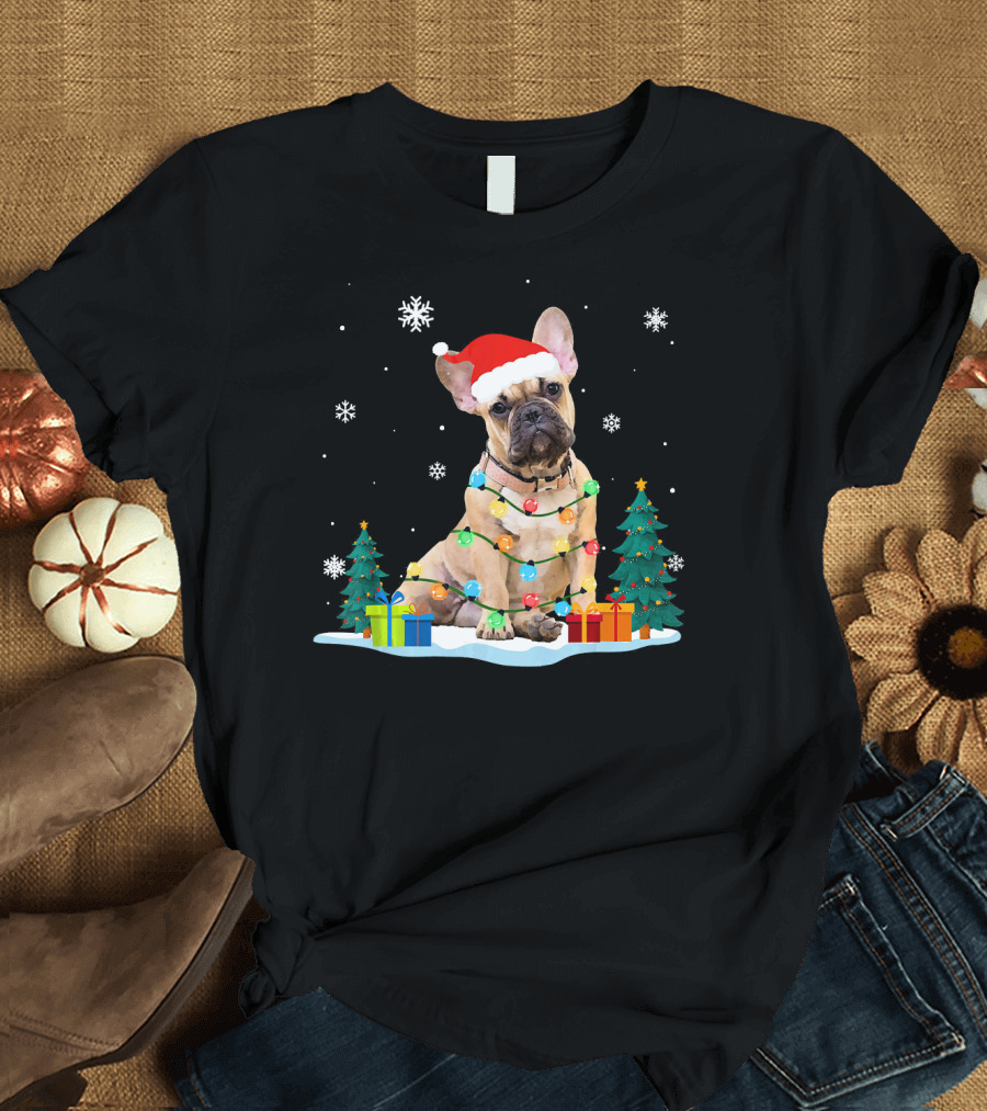 French Bulldog in Santa Hat Wrapped in Christmas Lights with Snowflakes and Gifts T-Shirt