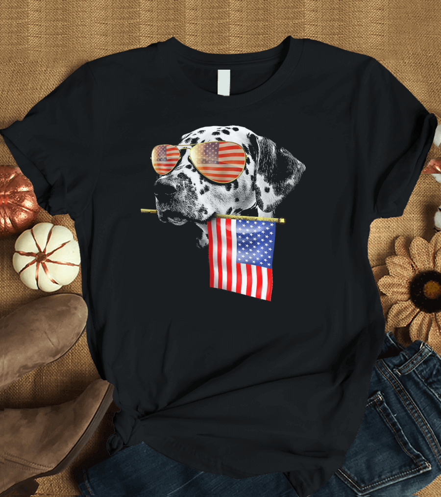 4th of July Fun American Flag Dalmatian with USA Sunglasses T-Shirt