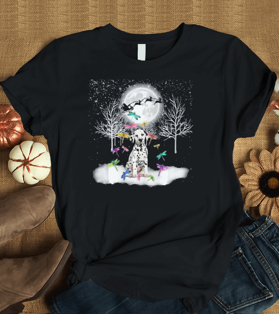 Dalmatian with Dragonflies in Snowy Christmas Moonlit Forest Scene T-Shirt