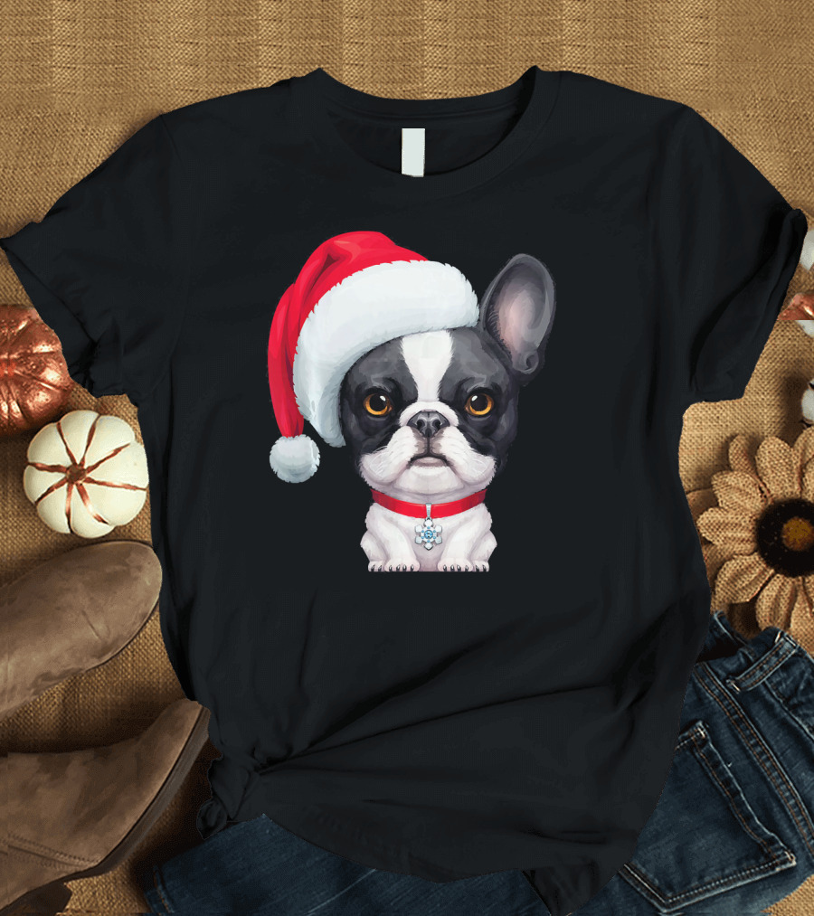 Brindle Pied French Bulldog Wearing Santa Hat with Red Collar and Snowflake Charm T-Shirt