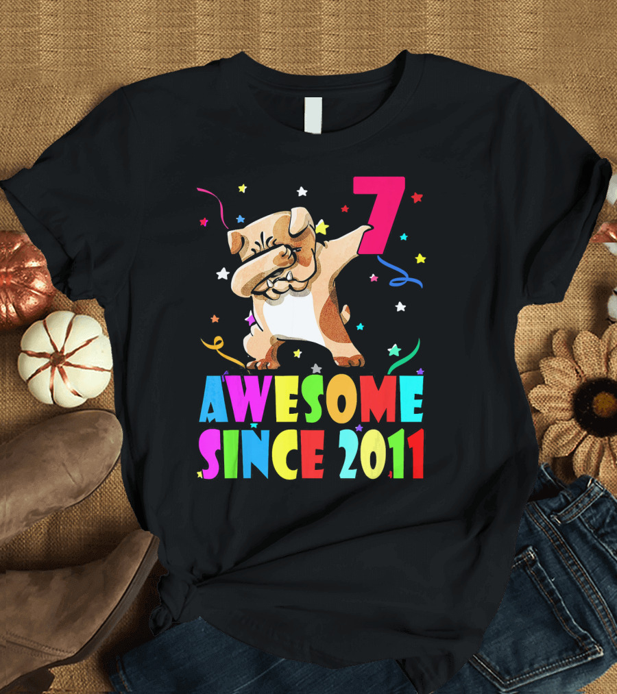Awesome Since 2011 English Bulldog Dabbing Number 7 Stars and Confetti T-Shirt