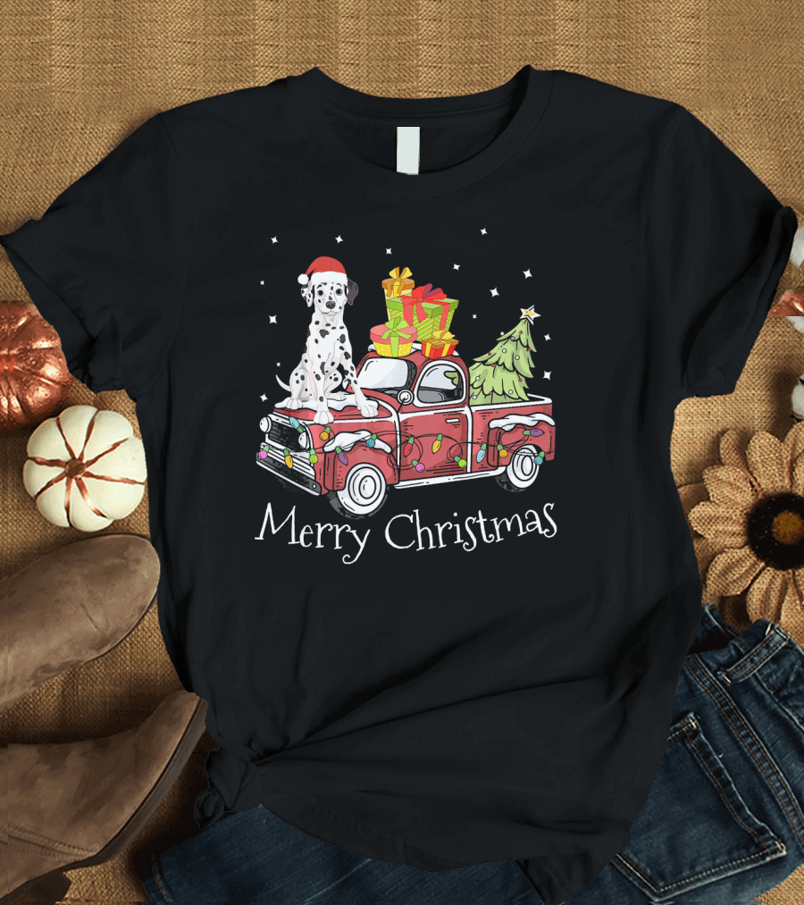 Merry Christmas Dalmatian Dog on Pickup Truck with Gifts and Christmas Tree T-Shirt