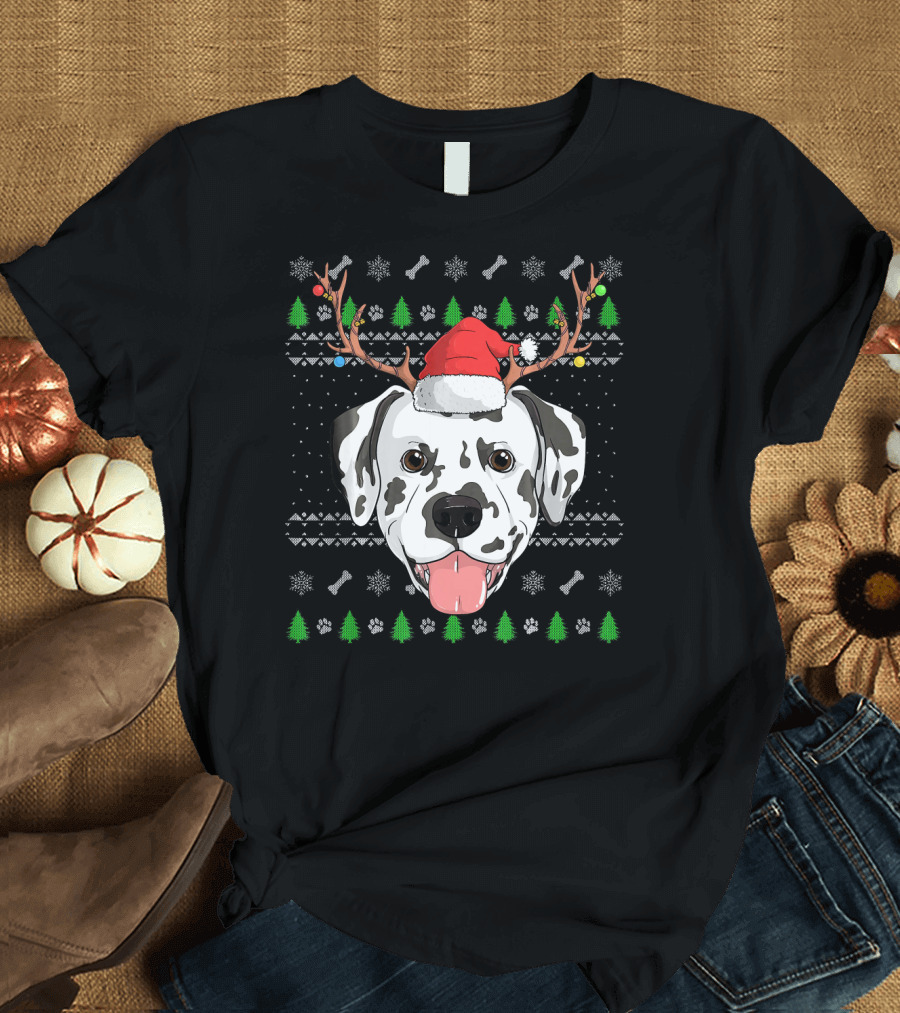 Dalmatian Dog Wearing Santa Hat with Reindeer Antlers and Christmas T-Shirt