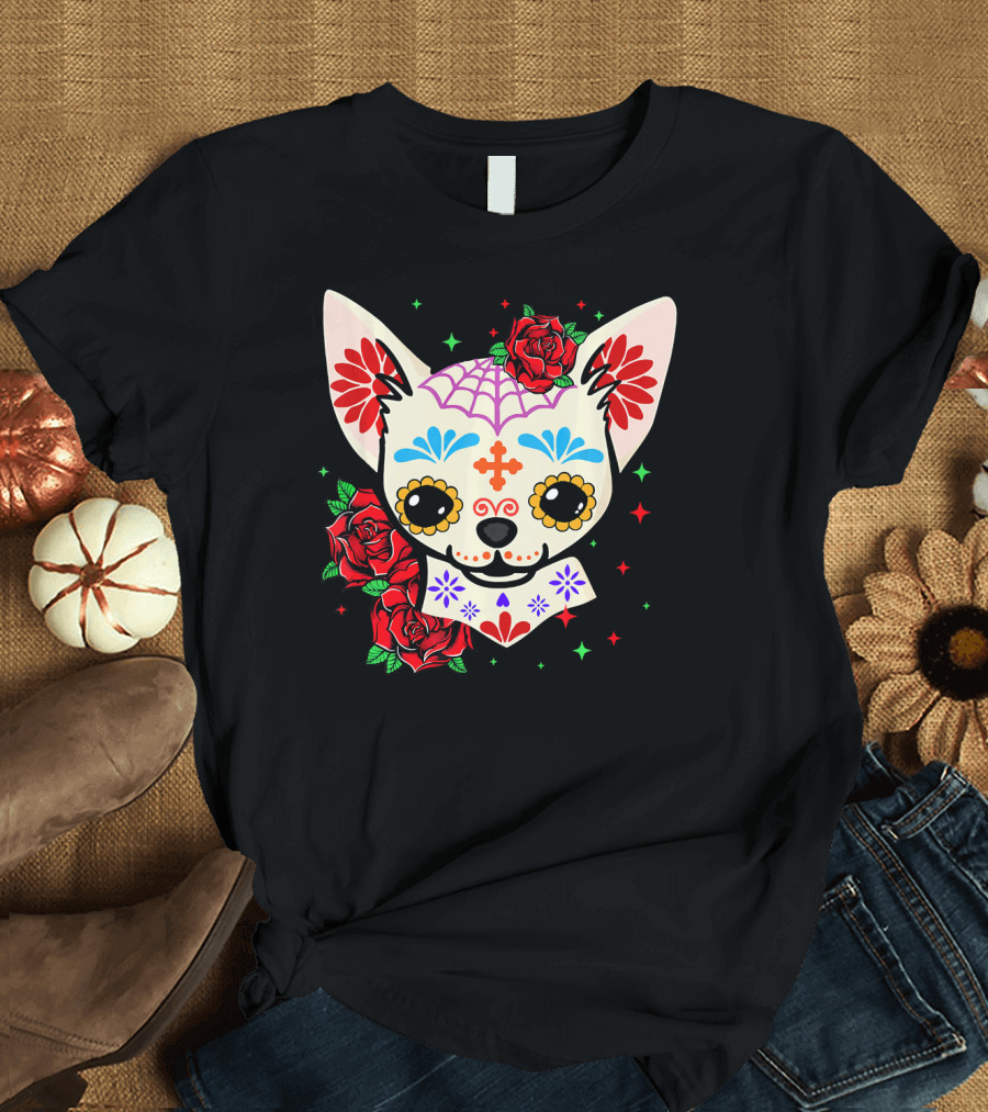 Chihuahua Sugar Skull Day of the Dead Roses T-Shirt