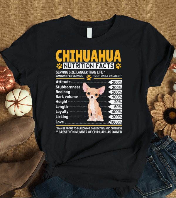T-Shirt: Chihuahua Pet Nutrition Facts Stubbornness Love Bark Volume Licking Loyalty T-Shirt Chihuahua Pet Nutrition Facts Stubbornness Love Bark Volume Licking Loyalty T-Shirt
