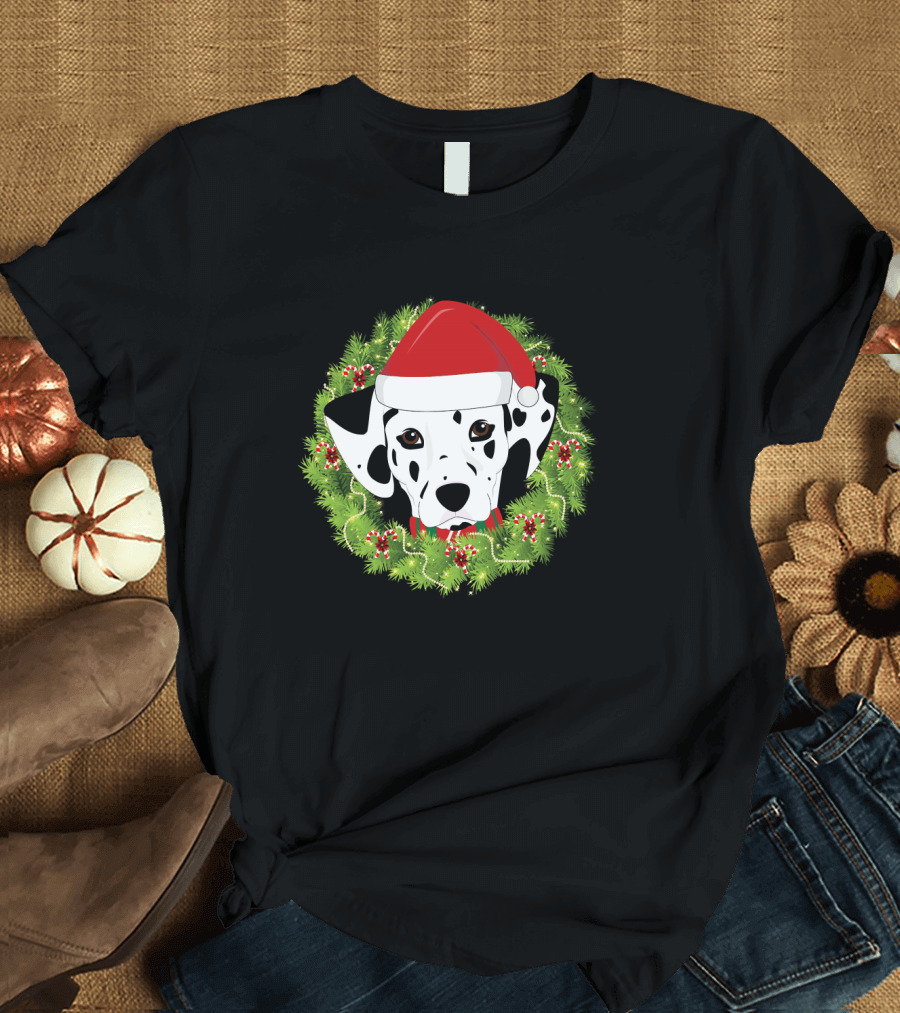 Dalmatian Santa Hat Festive Christmas Wreath T-Shirt