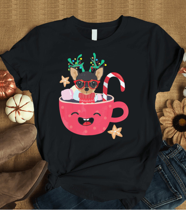 T-Shirt: Chihuahua in Red Teacup with Reindeer Antlers and Candy Cane Holiday T-Shirt Chihuahua in Red Teacup with Reindeer Antlers and Candy Cane Holiday T-Shirt