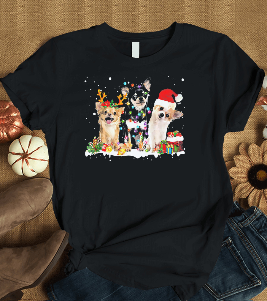 Chihuahua Reindeer Santa Christmas Lights and Presents T-Shirt