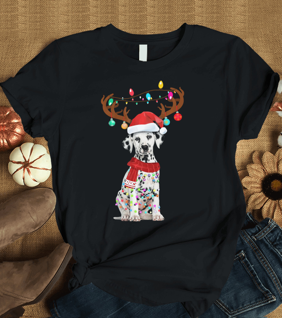 Cute Dalmatian Christmas Lights Reindeer with Santa Hat and Scarf T-Shirt