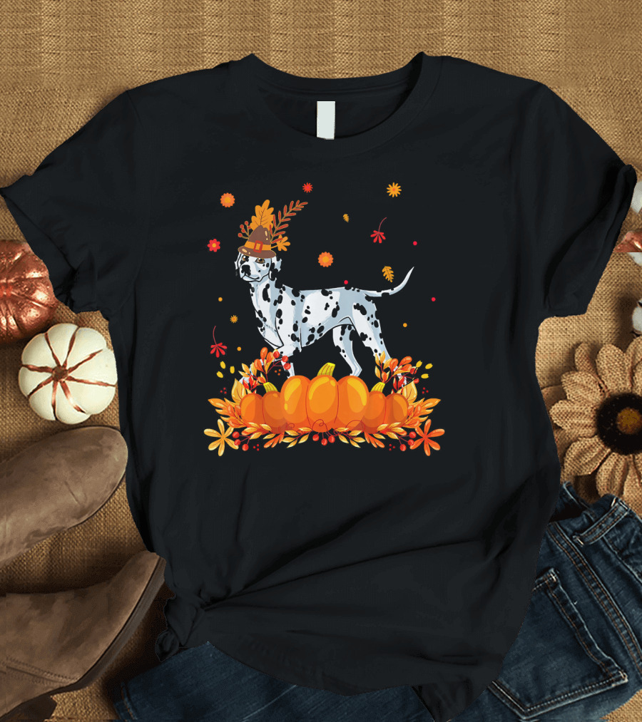 Cute Dalmatian in Autumn Hat with Pumpkins and Leaves T-Shirt