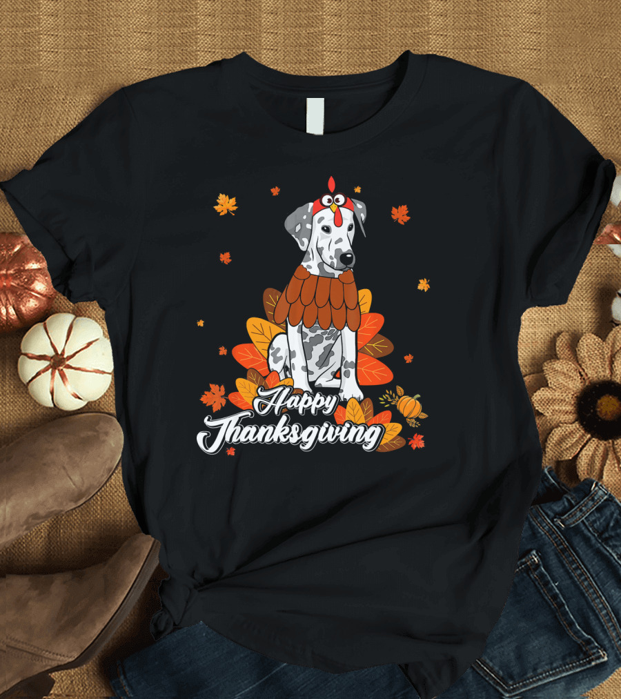 Happy Thanksgiving Dalmatian Surrounded by Autumn Leaves and Pumpkins T-Shirt