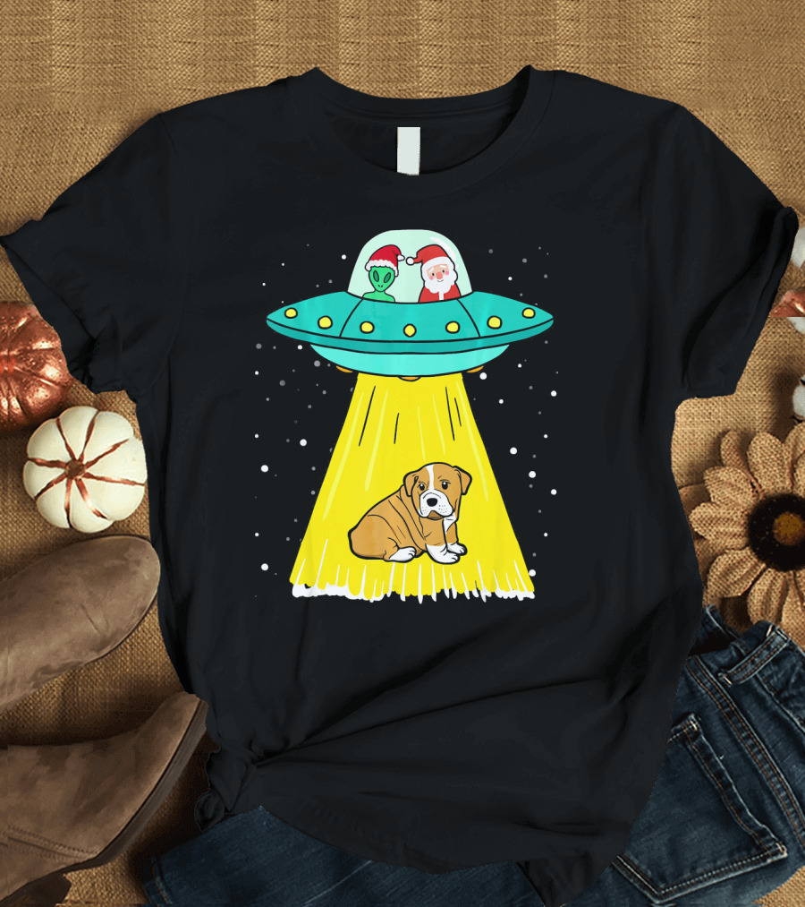 Alien Santa Inside UFO Abducting Puppy T-Shirt