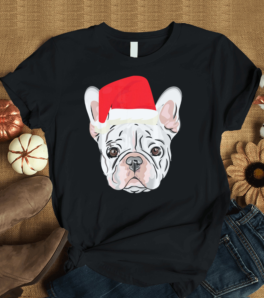 Cute White French Bulldog with Santa Hat Holiday Pooch T-Shirt