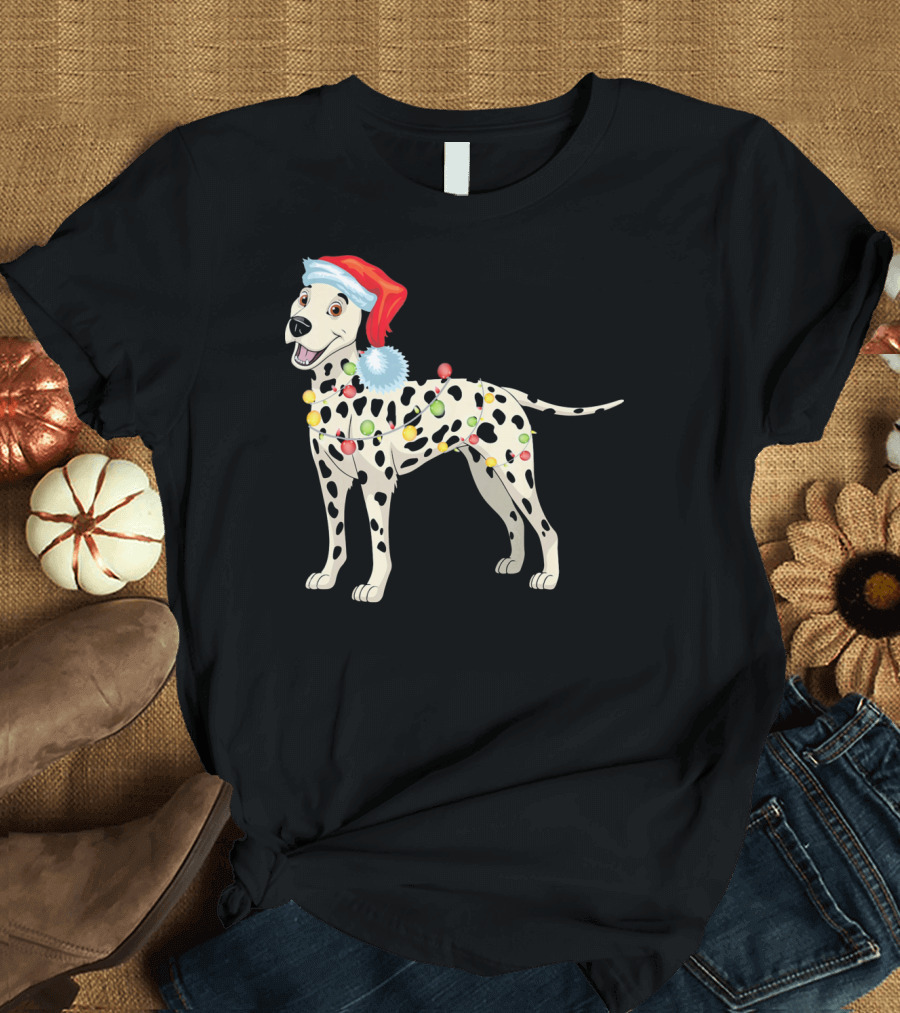 Santa Hat Dalmatian Wrapped in Christmas Lights T-Shirt