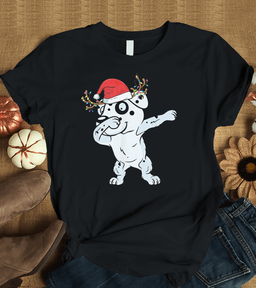 Dabbing Dalmatian Santa Hat Reindeer Antlers Christmas Lights T-Shirt