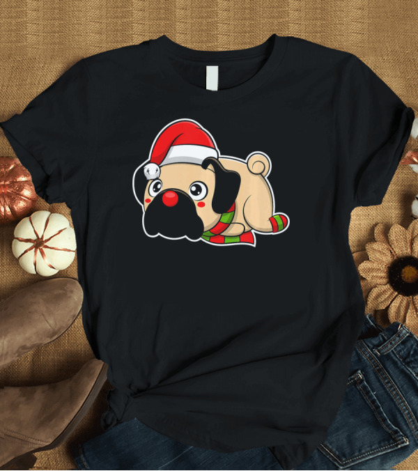 T-Shirt: Christmas Pug Puppy with Santa Hat and Scarf T-Shirt Christmas Pug Puppy with Santa Hat and Scarf T-Shirt