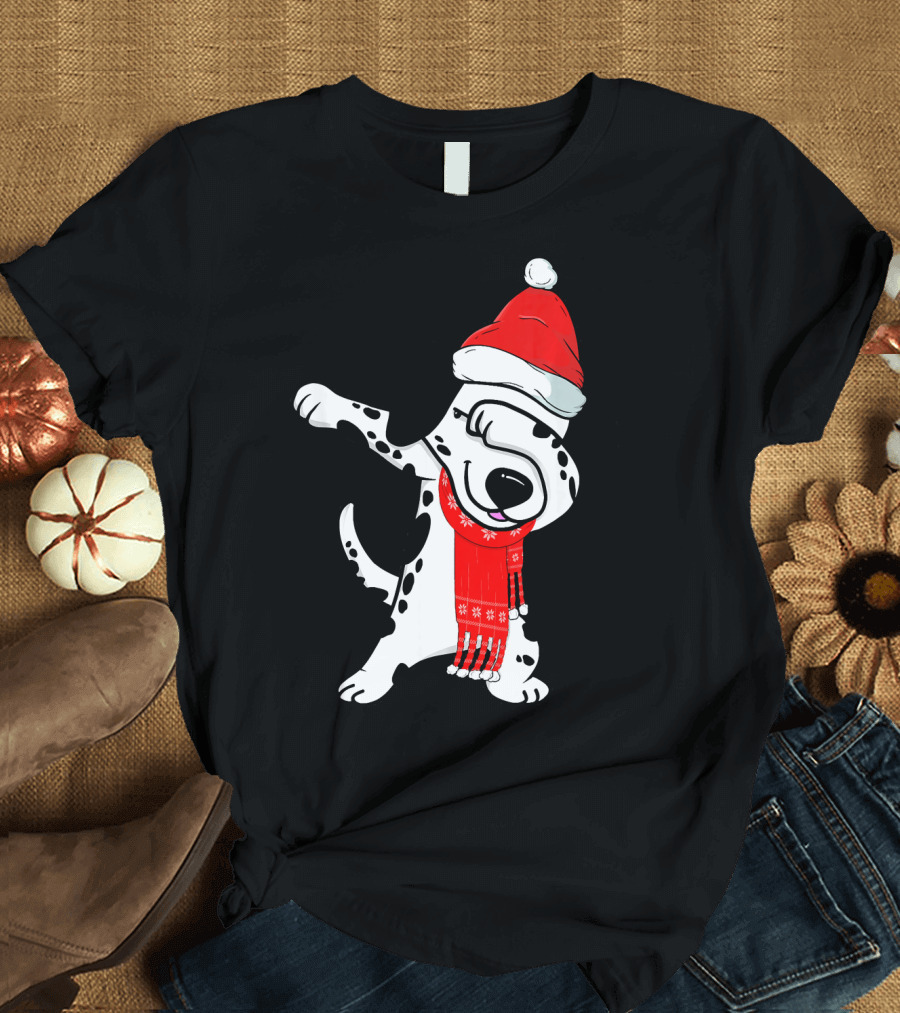 Dabbing Dalmatian Funny Christmas Costume Santa Hat Scarf T-Shirt