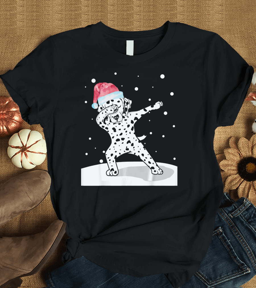 Santa Hat Dabbing Dalmatian Funny Dab Dance Snowfall T-Shirt
