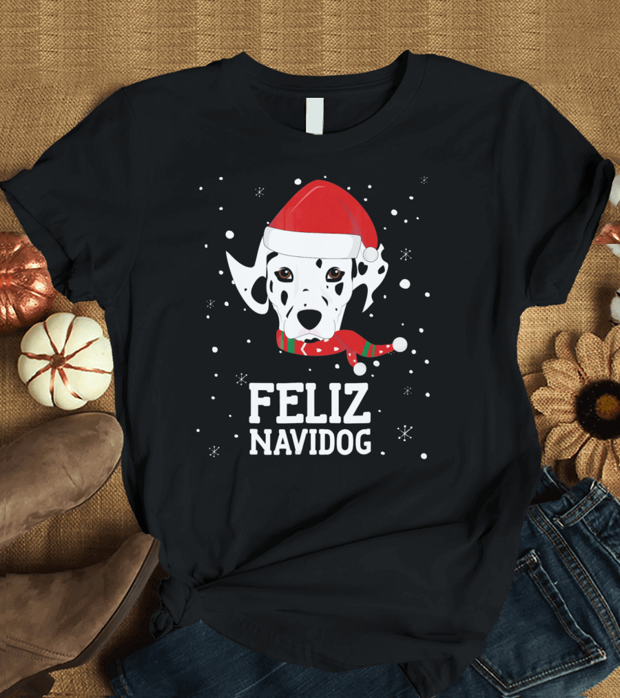 Feliz Navidog Christmas Dalmatian Dog Santa Hat Scarf T-Shirt