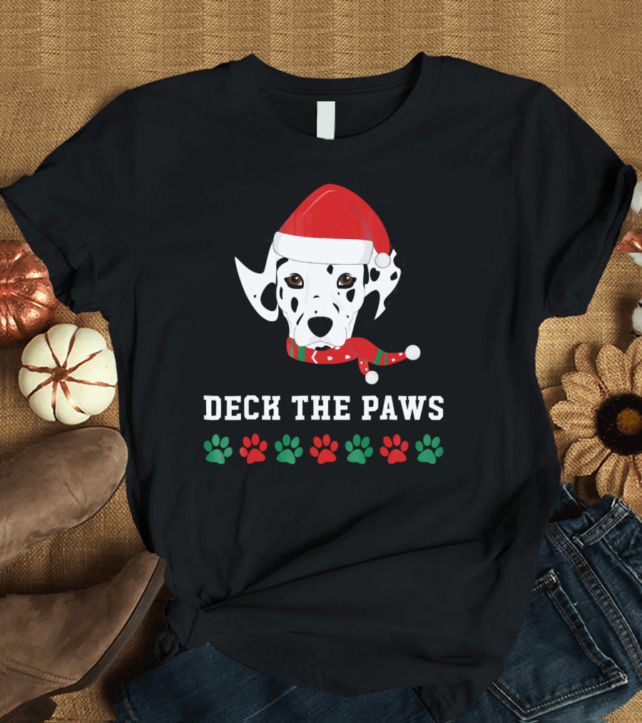 Christmas Dalmatian Deck the Paws Santa Hat and Scarf with Paw Prints T-Shirt