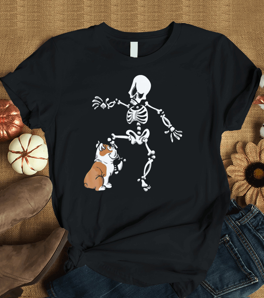 English Bulldog Biting Skeleton Leg T-Shirt