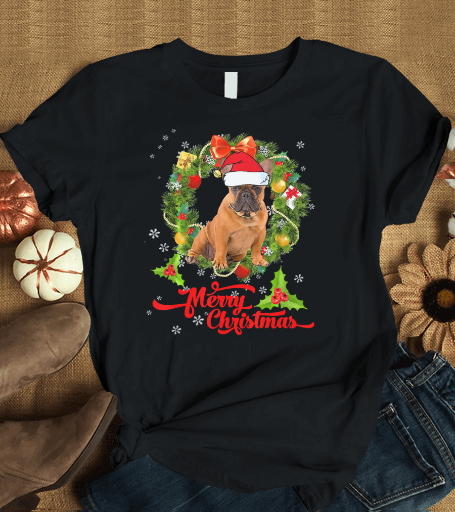 Merry Christmas French Bulldog Santa Hat Wreath Snowflakes T-Shirt