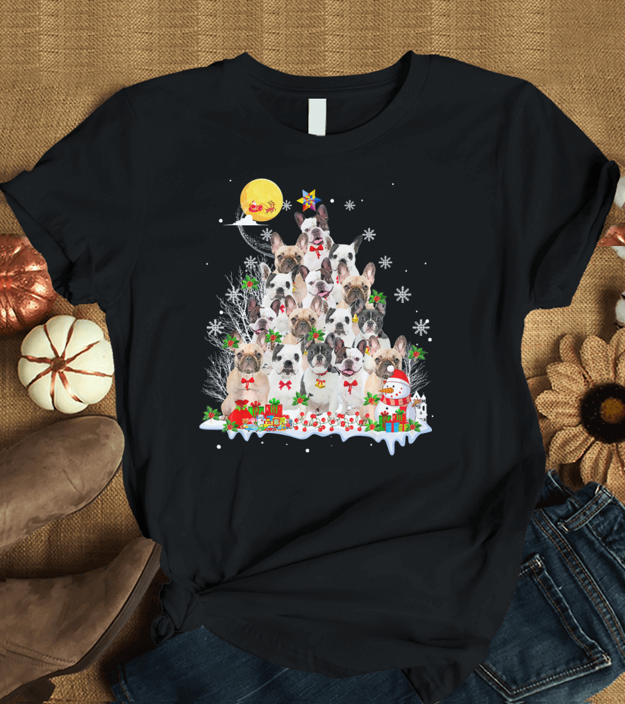 French Bulldog Reindeer Christmas Tree Snowflakes Santa Moon T-Shirt